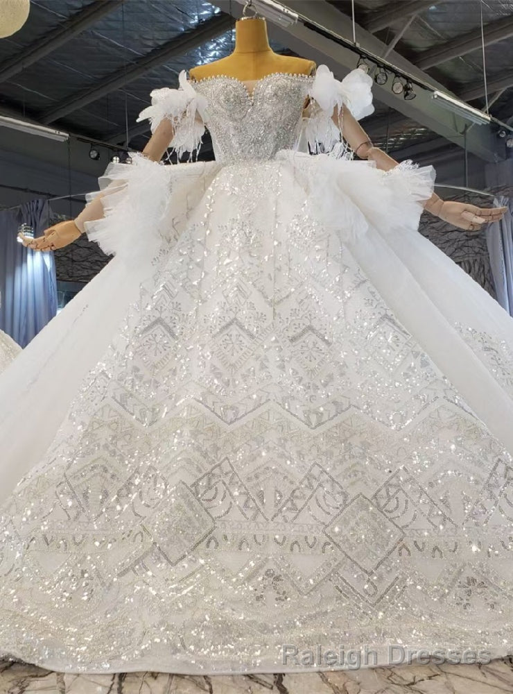 White Tulle Sequins Pearls Beading Wedding Dress Main image