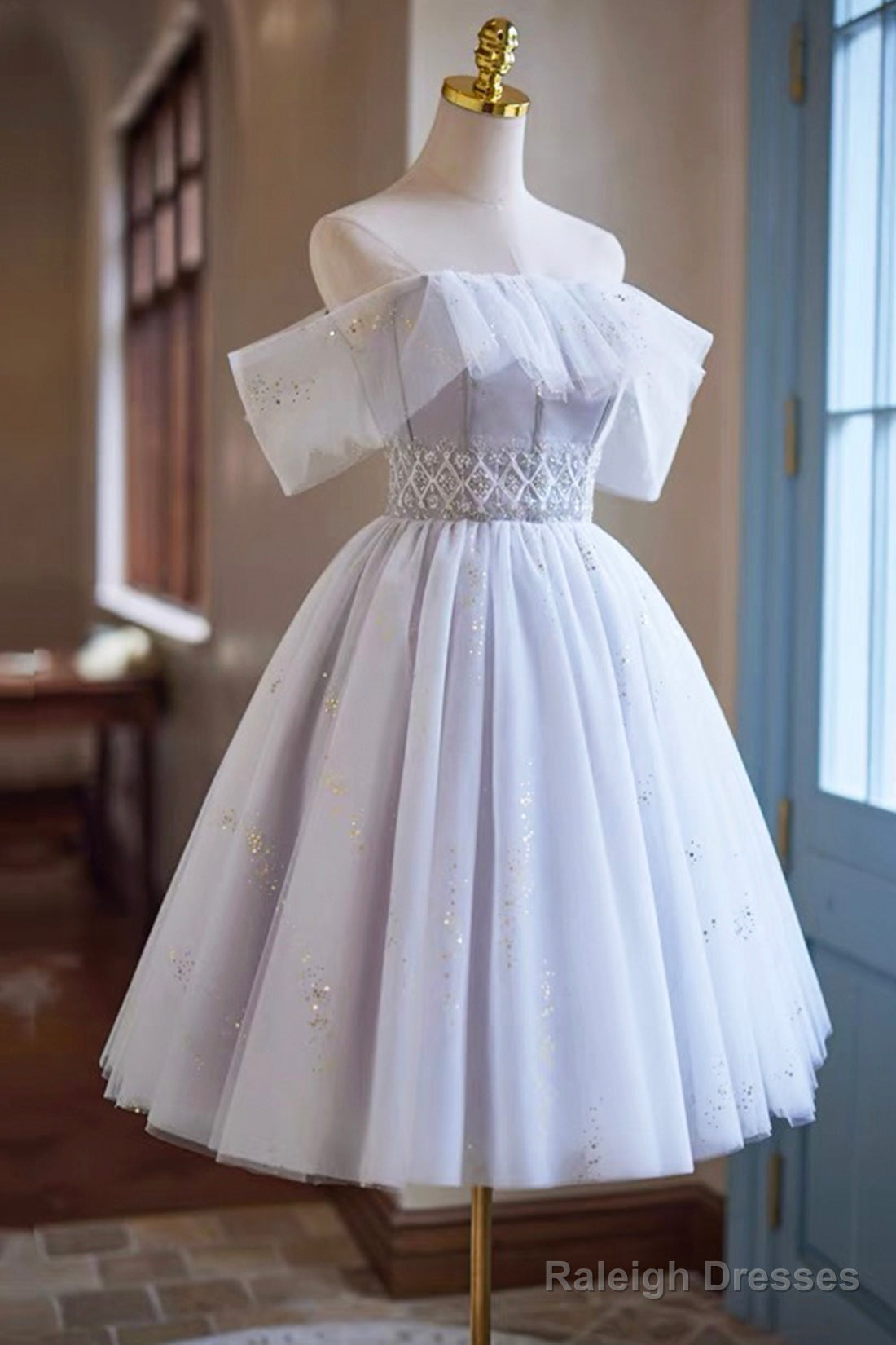 White Tulle Sequins Short Prom Dress, A-Line Off The Shoulder Evening Party Dress Secondary image