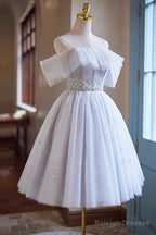White Tulle Sequins Short Prom Dress, A-Line Off The Shoulder Evening Party Dress