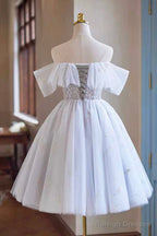 White Tulle Sequins Short Prom Dress, A-Line Off The Shoulder Evening Party Dress