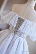 White Tulle Sequins Short Prom Dress, A-Line Off The Shoulder Evening Party Dress