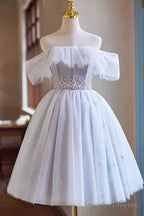 White Tulle Sequins Short Prom Dress, A-Line Off The Shoulder Evening Party Dress