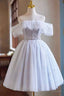 White Tulle Sequins Short Prom Dress, A-Line Off The Shoulder Evening Party Dress