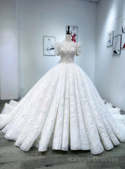 White Tulle Sequins Short Sleeve Beading Bow Wedding Dress