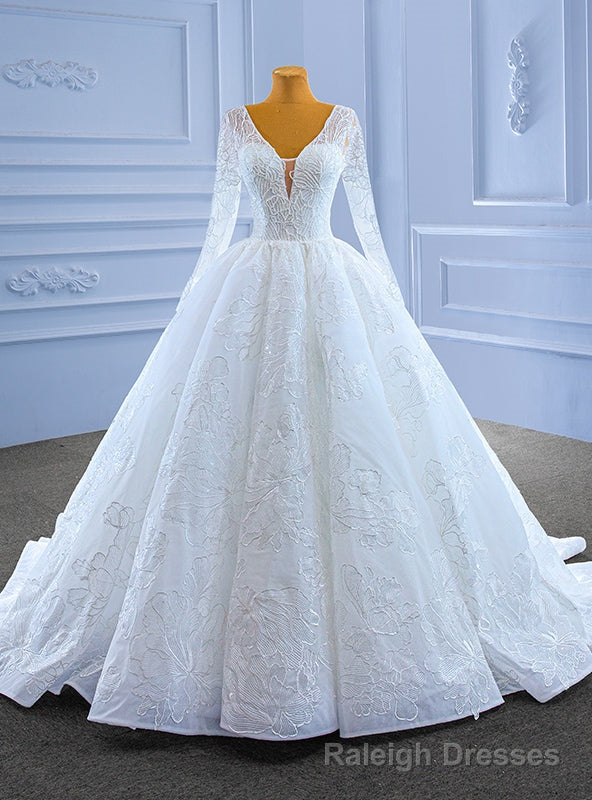 White Tulle Sequins V Neck Long Sleeve Beading Wedding Dress Main image