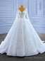 White Tulle Sequins V Neck Long Sleeve Beading Wedding Dress