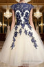 White Tulle Short Navy Blue Lace  Prom Dresses, Short Blue Lace Homecoming Dresses