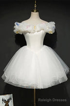 White Tulle Short Off Shoulder Homecoming Dress, White Graduation Dress