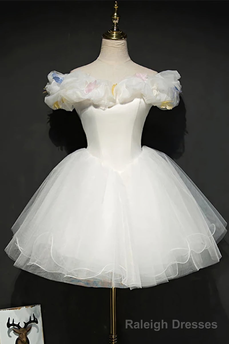 White Tulle Short Off Shoulder Homecoming Dress, White Graduation Dress