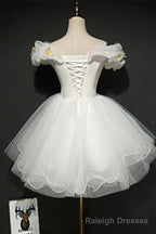 White Tulle Short Off Shoulder Homecoming Dress, White Graduation Dress