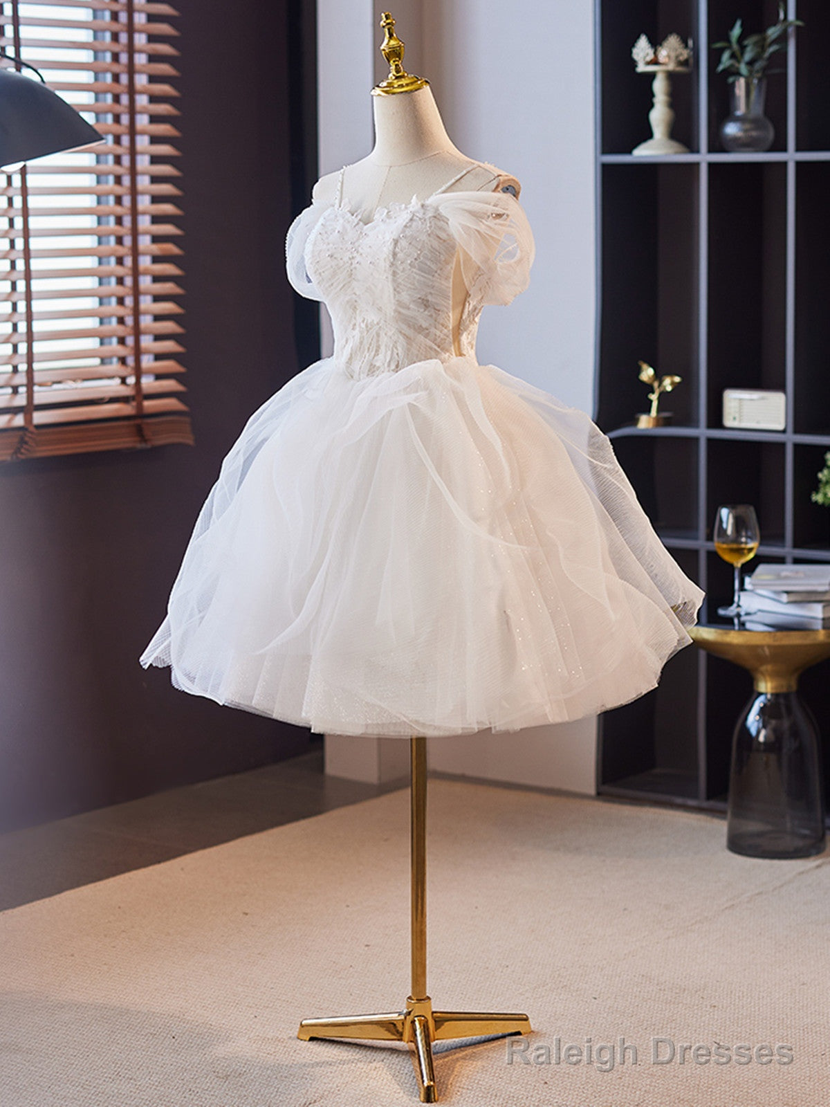 White Tulle Short Party Dress With Lace, White Straps Short Prom Dress