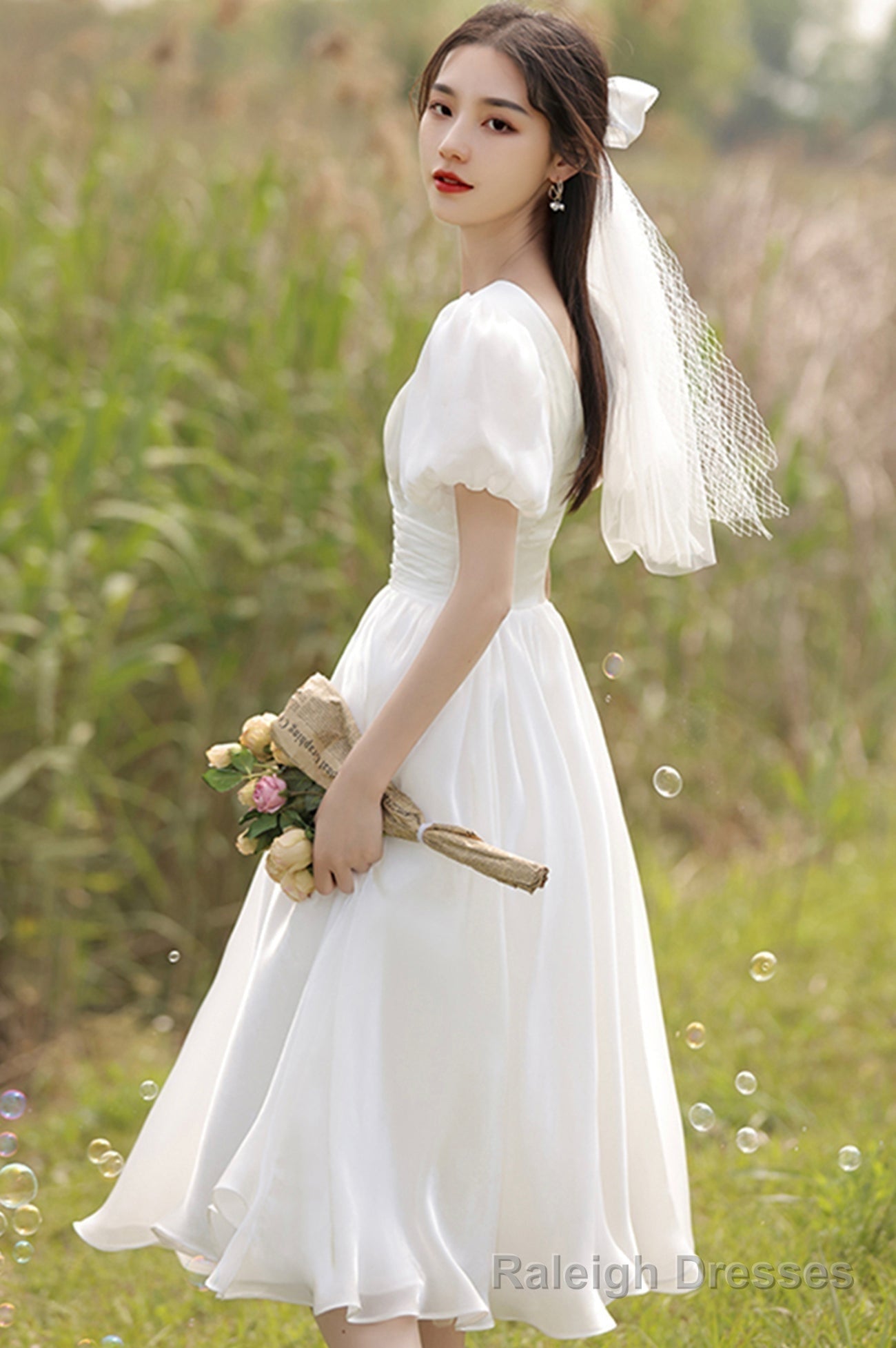 White Organza Short Prom Dress, A Line Short Wedding Dresses