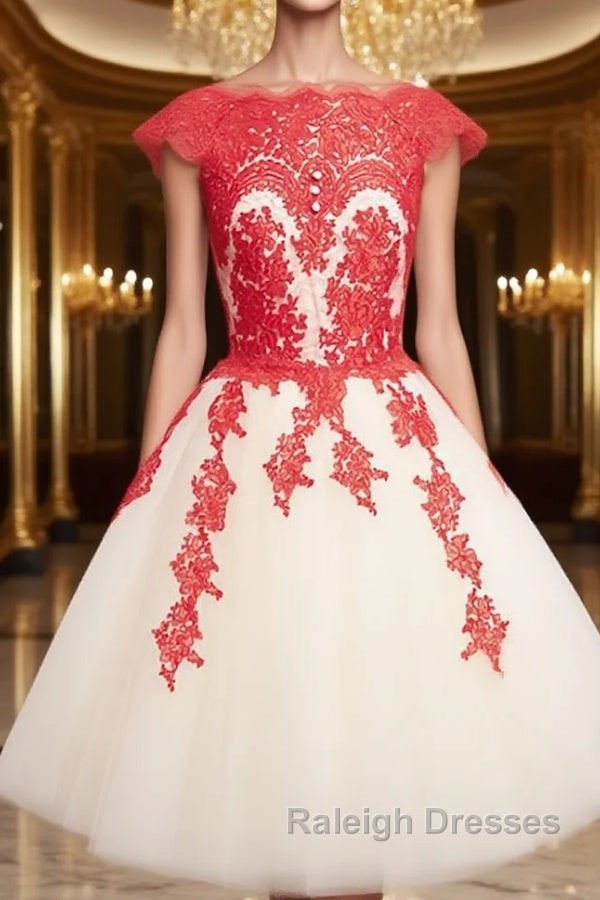 White Tulle Short Red Lace Prom Dresses, Short Red Lace Homecoming Dresses Main image