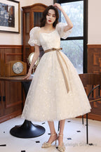 White Tulle Short Sleeve Prom Dress, Cute A-Line Party Homecoming Dress