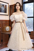 White Tulle Short Sleeve Prom Dress, Cute A-Line Party Homecoming Dress