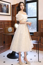 White Tulle Short Sleeve Prom Dress, Cute A-Line Party Homecoming Dress
