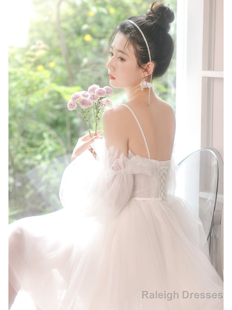 White Tulle Short Sleeves Homecoming Dresses White Prom Dresses Graduation Dress