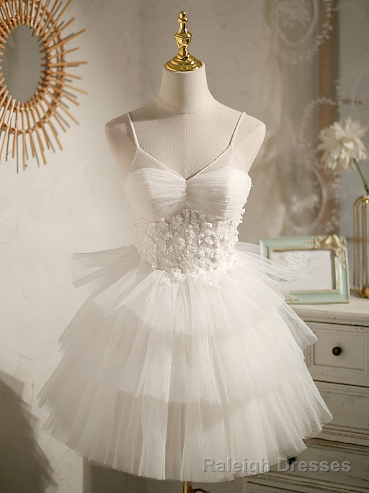 White Tulle Short Straps Party Dress Graduation Dresses, White Formal Dresses