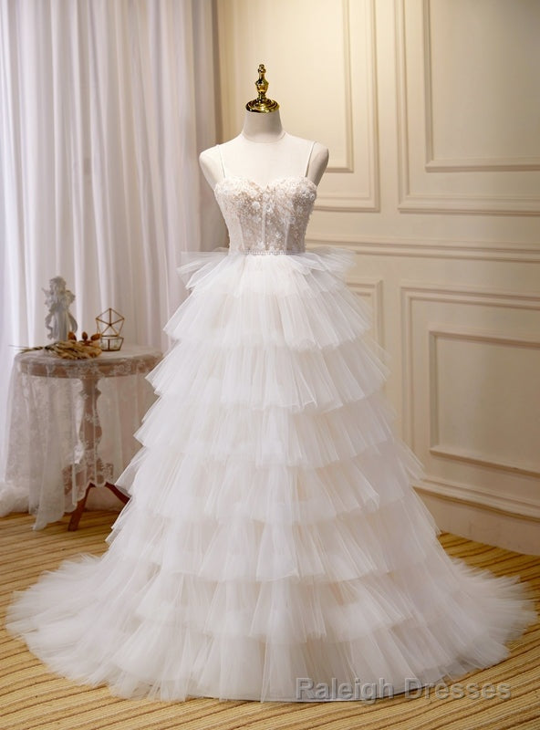White Tulle Spaghetti Straps Flower Wedding Dress Main image