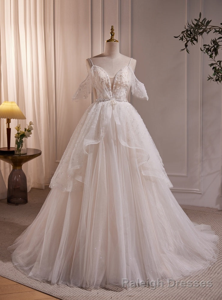 White Tulle Spaghetti Straps Pearls Wedding Dress Main image