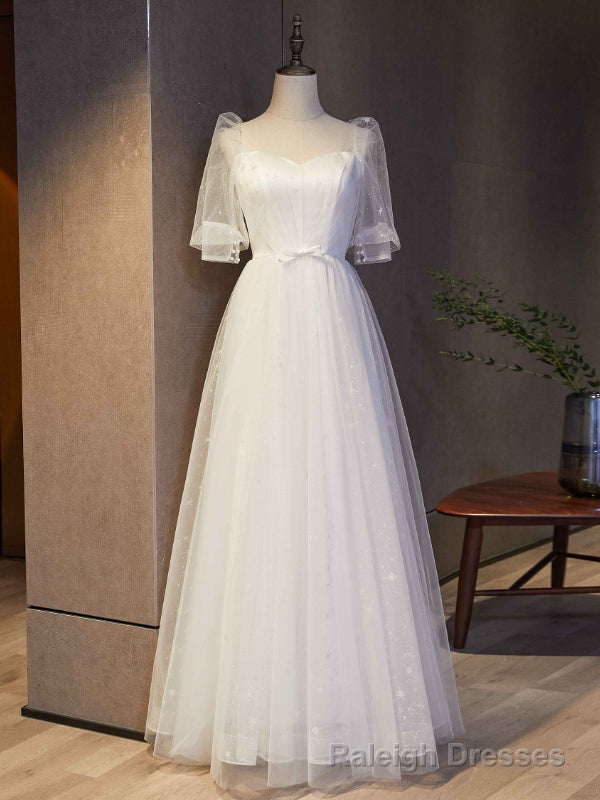 White Tulle Square Short Sleeve Backless Prom Dress Main image