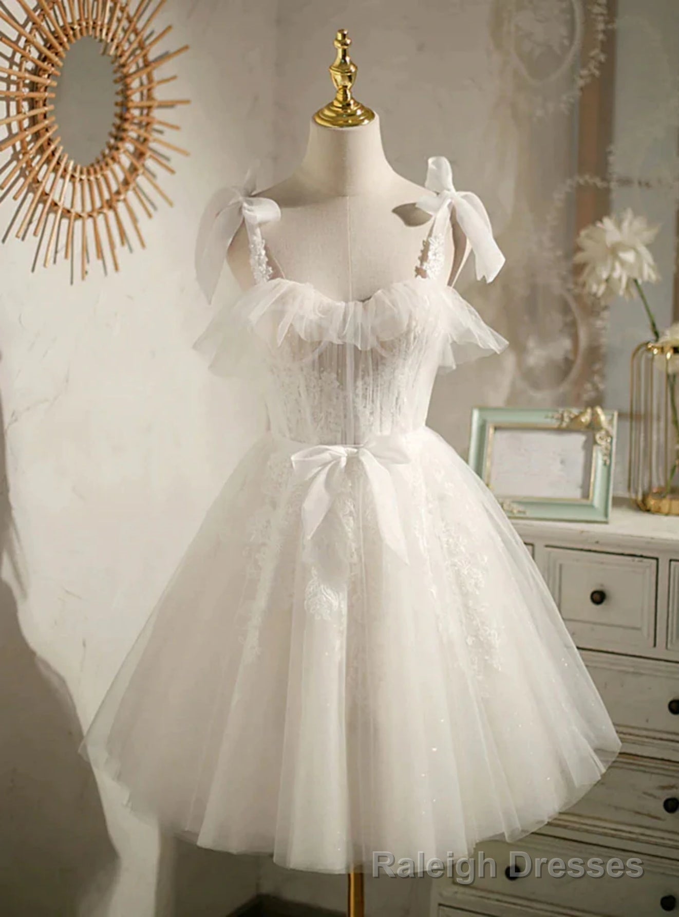 White Tulle Straps Lace Homecoming Dress Main image