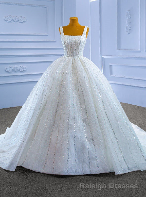White Tulle Straps Sequins Beading Wedding Dress Main image