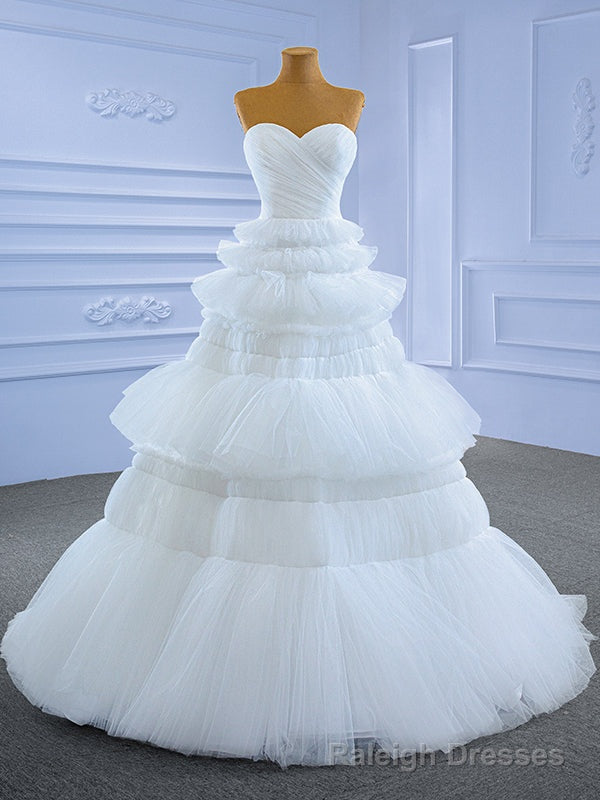 White Tulle Sweetheart Pleats Tiers Wedding Dress Main image