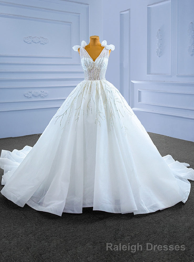 White Tulle V Neck Beading Sequins Wedding Dress