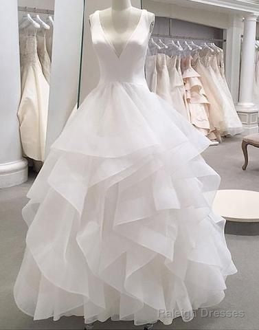 White Tulle V Neck Long Ruffles Prom Dresses Wedding Dresses
