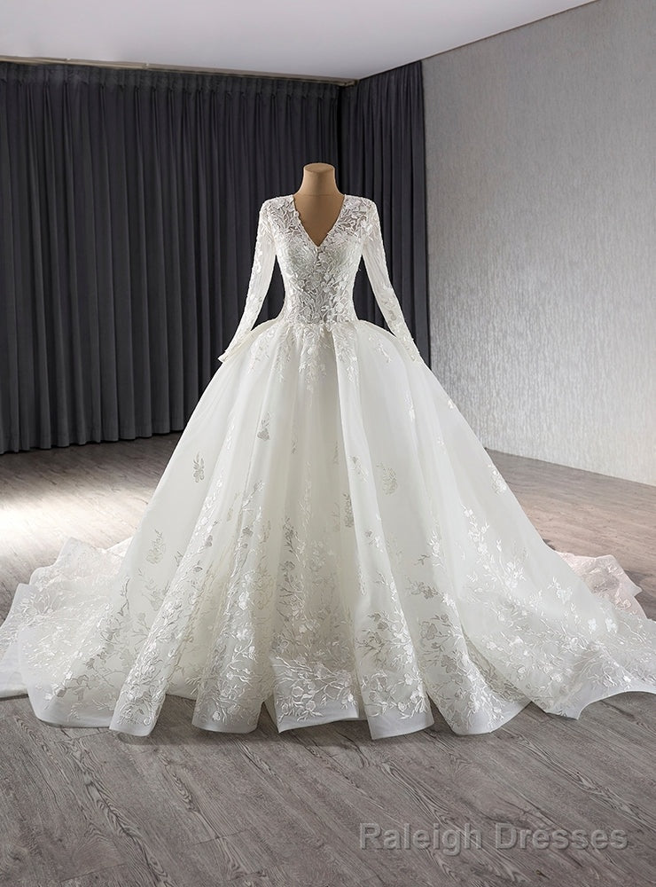 White Tulle V Neck Long Sleeve Lace Appliques Wedding Dress Main image