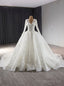 White Tulle V Neck Long Sleeve Lace Appliques Wedding Dress
