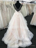 White Tulle V-Neck Open Back Long Wedding Dress,
