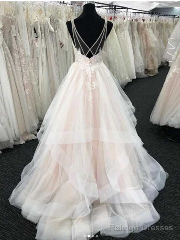 White Tulle V-Neck Open Back Long Wedding Dresses Secondary image