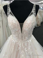 White Tulle V-Neck Open Back Long Wedding Dresses