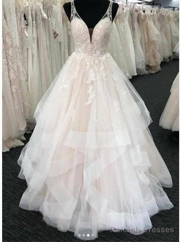 White Tulle V-Neck Open Back Long Wedding Dresses Main image