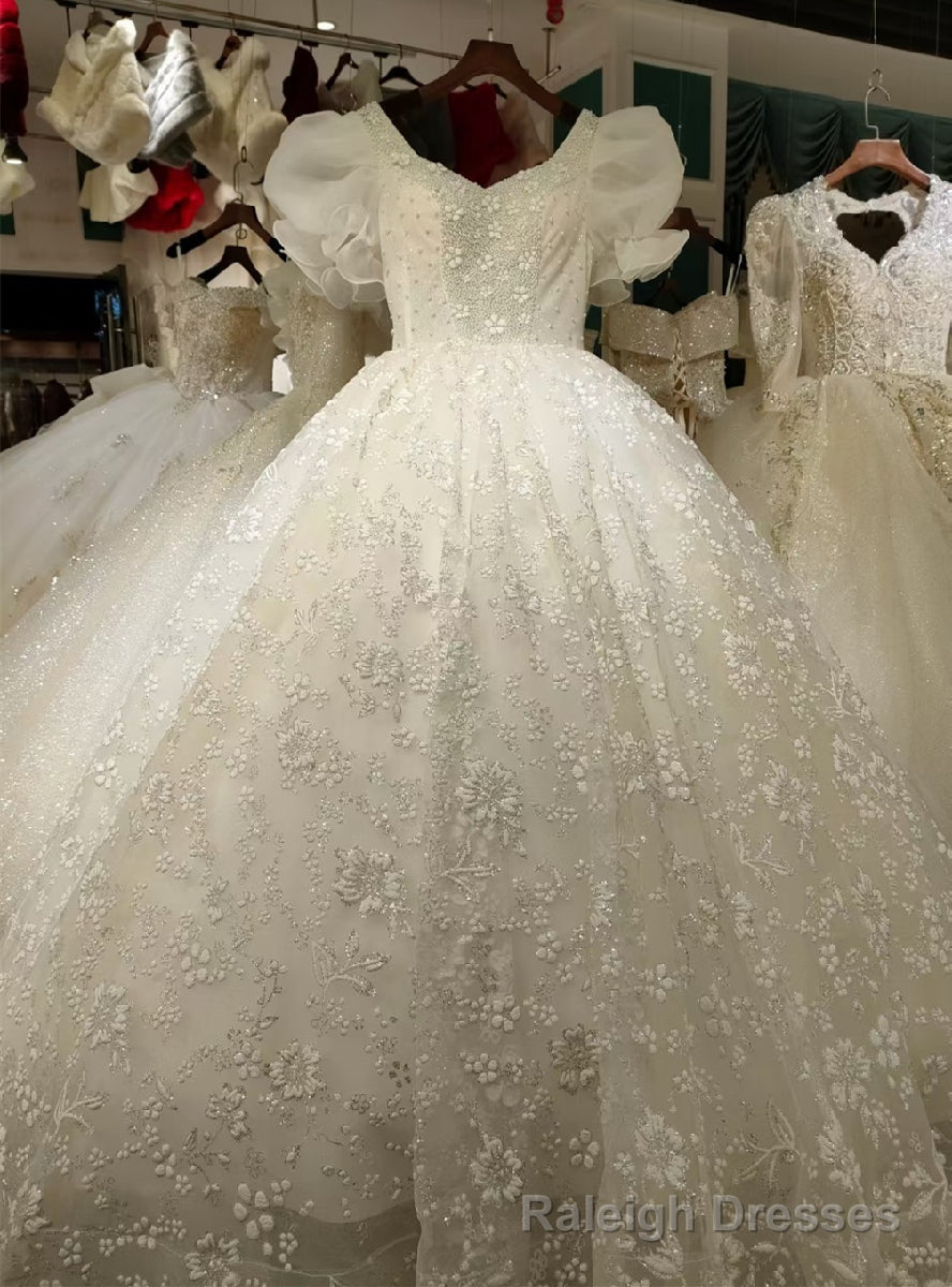 White Tulle V Neck Puff Sleeve Pearls Wedding Dress