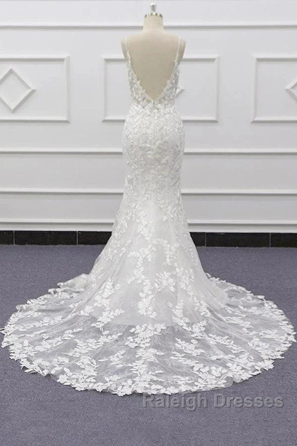 White Tulle Wedding Dresses Lace Appliques Spaghetti Straps Mermaid Bridal Dresses Open Back Secondary image