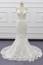 White Tulle Wedding Dresses Lace Appliques Spaghetti Straps Mermaid Bridal Dresses Open Back