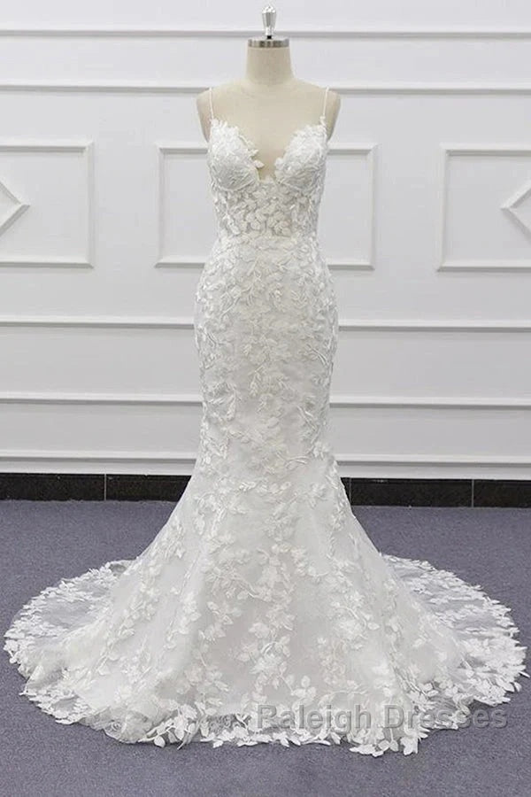 White Tulle Wedding Dresses Lace Appliques Spaghetti Straps Mermaid Bridal Dresses Open Back