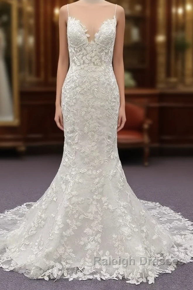 White Tulle Wedding Dresses Lace Appliques Spaghetti Straps Mermaid Bridal Dresses Open Back