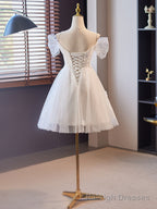 White Tulle with Lace Off Shoulder Short Prom Dress, White Prom Dress Formal Dress