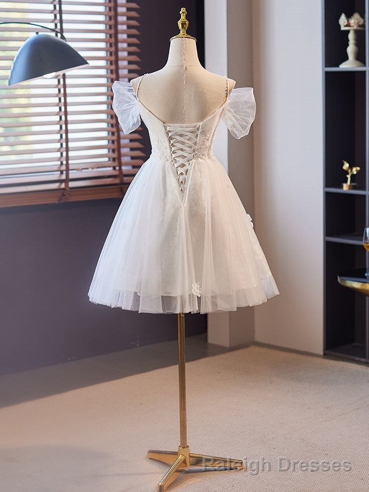 White Tulle with Lace Off Shoulder Short Prom Dress, White Prom Dress Formal Dress