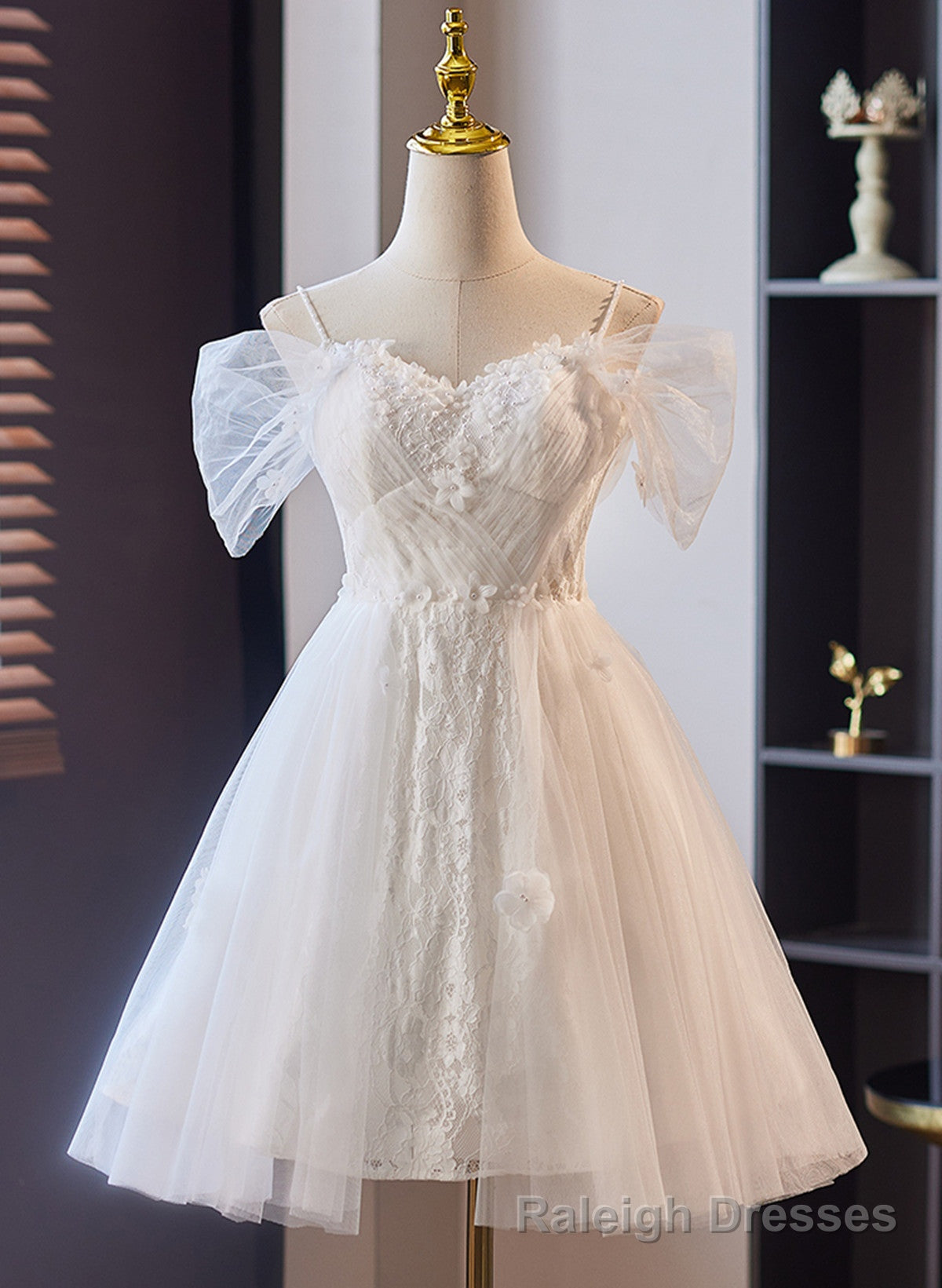 White Tulle with Lace Off Shoulder Short Prom Dress, White Prom Dress Formal Dress