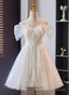 White Tulle with Lace Off Shoulder Short Prom Dress, White Prom Dress Formal Dress