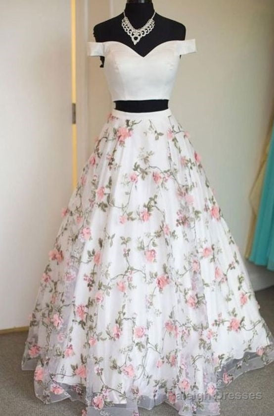 White Two Piece Print Floral Prom Dress