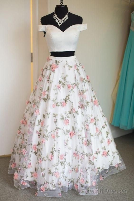 White Two Piece Print Floral Prom Dresses Main image