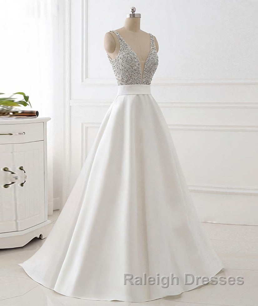White v neck beads sequin long prom Dresses white Prom Dresses