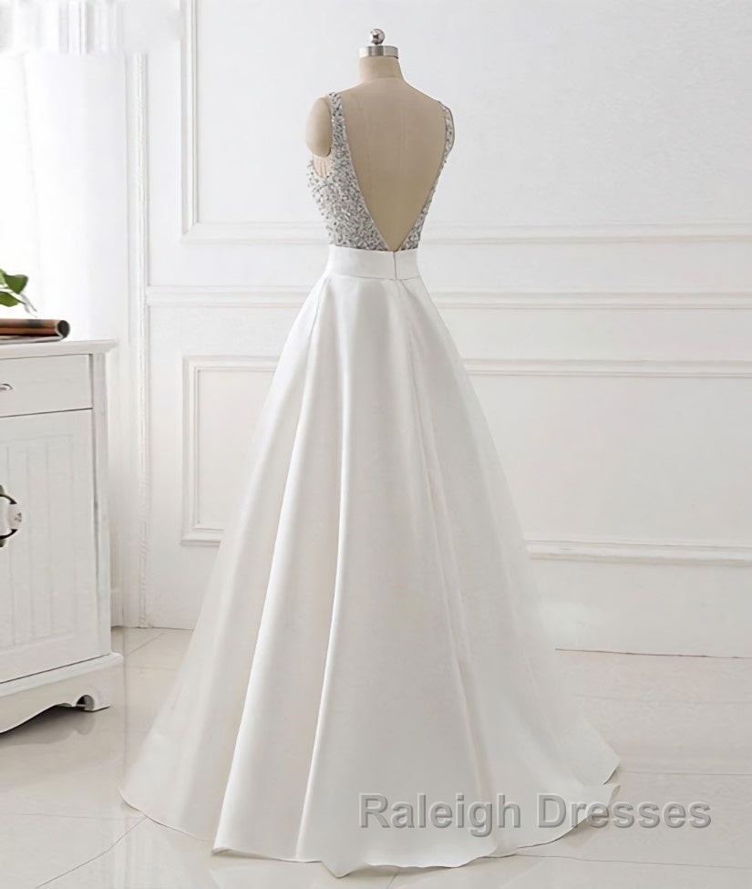 White v neck beads sequin long prom Dresses white Prom Dresses