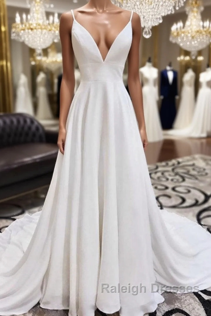 White v neck chiffon long prom dress, white lace evening dress Main image